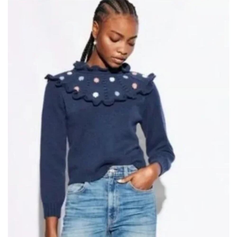 SAYLOR Preppy Embroidered Floral Pom-Pom Ruffled Sweater Size‎ XS